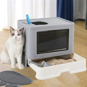 Foldable Cat Litter Box – Front Entry & Top Exit with Massaging Scoop | Space-Saving Enclosed Kitty Toilet