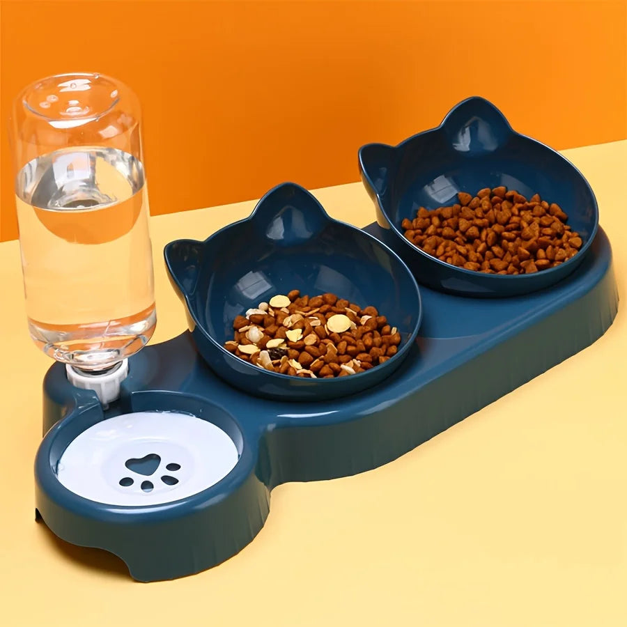 TriFlex 3-in-1 Ergonomic Pet Bowl – Tilted Food & Water Feeder with Gravity Dispenser | Ear-Friendly Design for Cats & Small Dogs