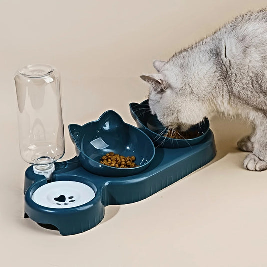 TriFlex 3-in-1 Ergonomic Pet Bowl – Tilted Food & Water Feeder with Gravity Dispenser | Ear-Friendly Design for Cats & Small Dogs
