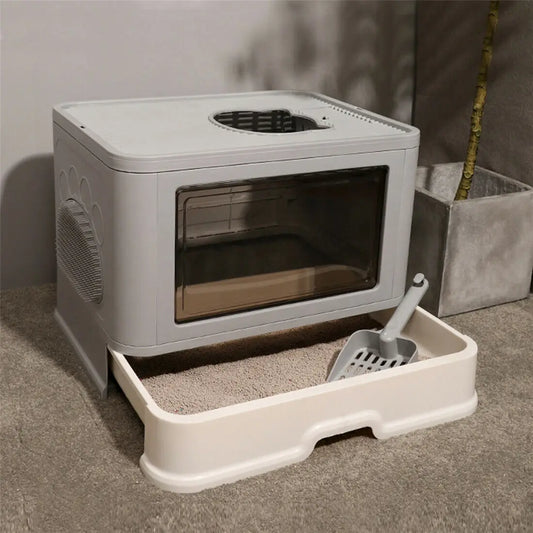 Foldable Cat Litter Box – Front Entry & Top Exit with Massaging Scoop | Space-Saving Enclosed Kitty Toilet